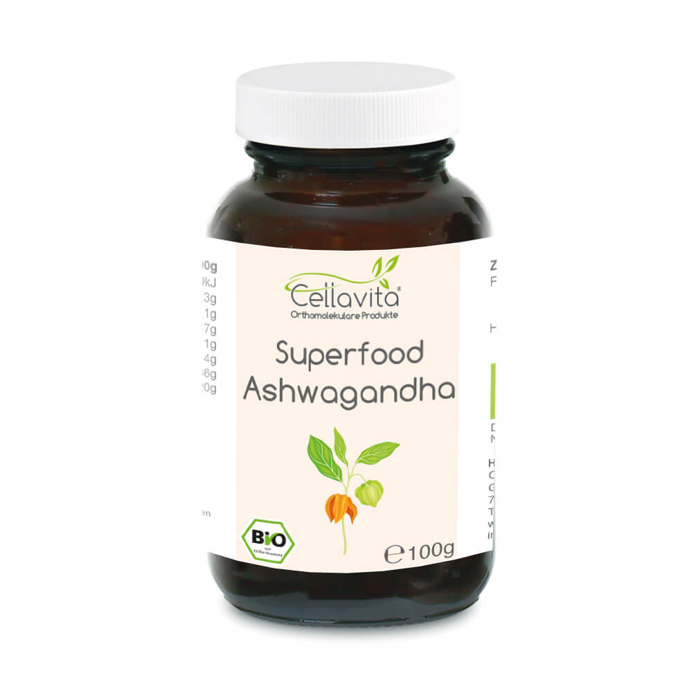 Superfood Ashwagandha bio Pulver 100g im Glas Superfood Ashwagandha bio Pulver 100g im Glas