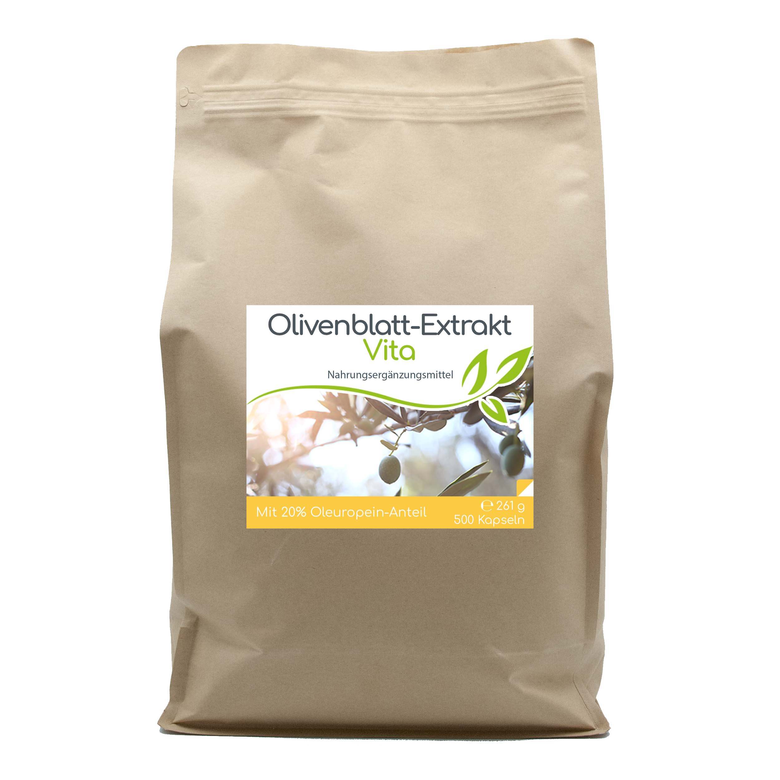 Olivenblatt-Extrakt Vita mit 20% Oleuropein-Anteil | 500 Kapseln Vorratsbeutel Olivenblatt-Extrakt Vita mit 20% Oleuropein-Anteil | 500 Kapseln Vorratsbeutel