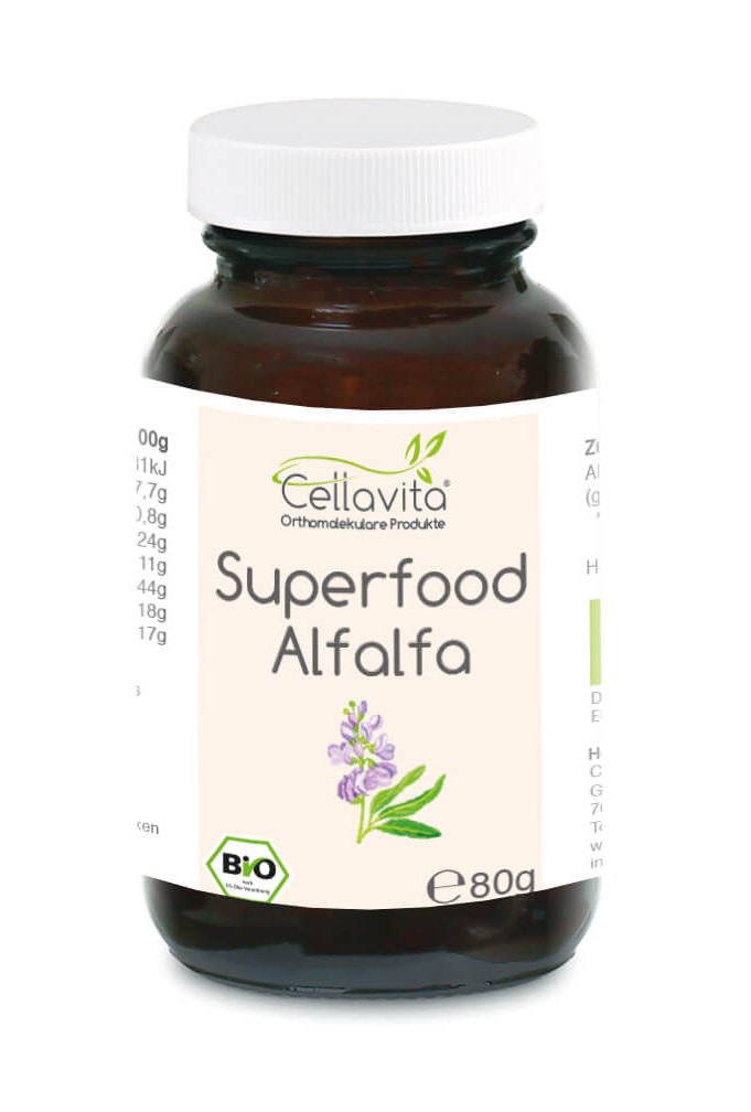 Superfood Alfalfa bio Pulver 80g im Glas