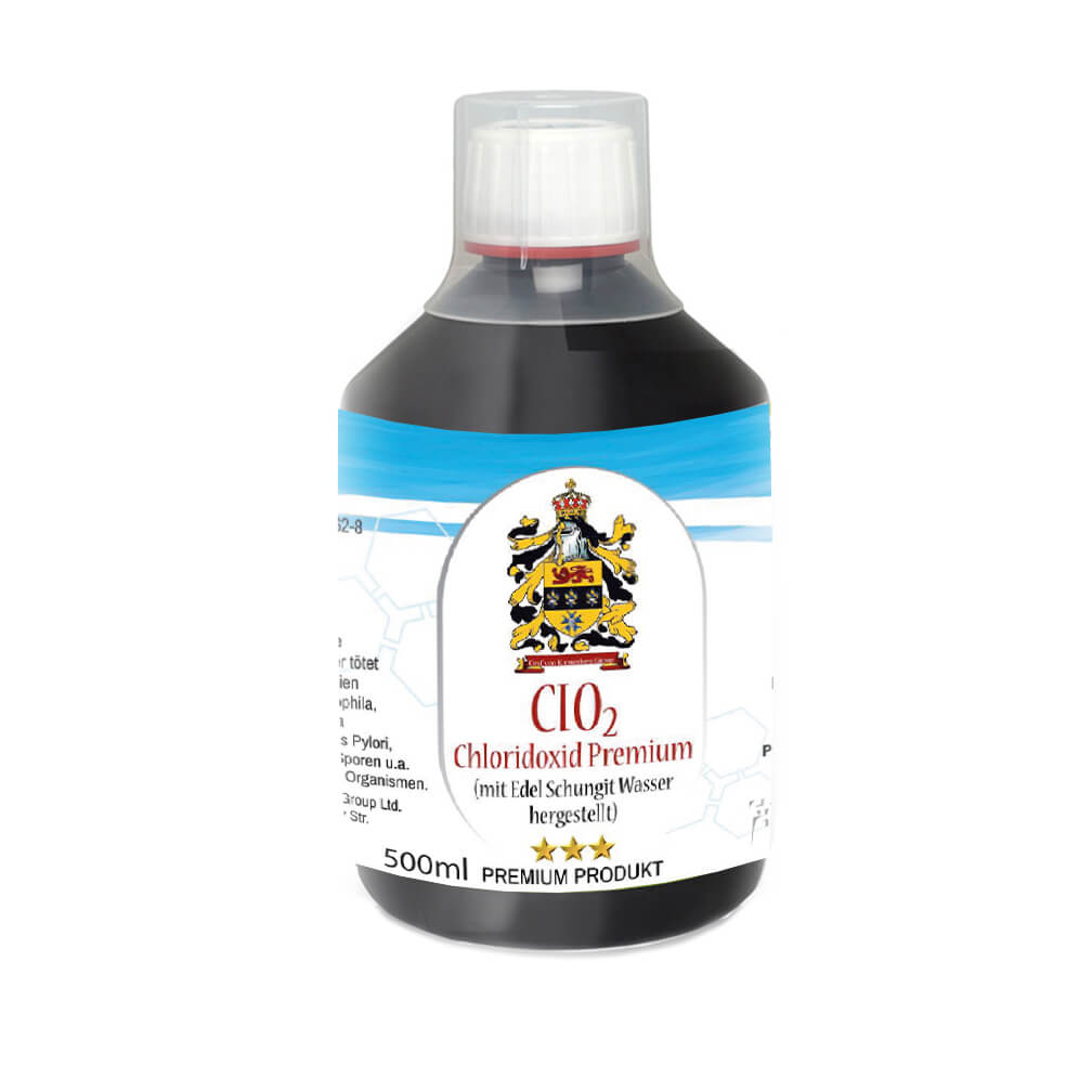 Chlordioxid Premium (CLO2 CDL CDS) mit Schungit-Wasser (“Edel-Schungit”) 500ml Vorratsflasche