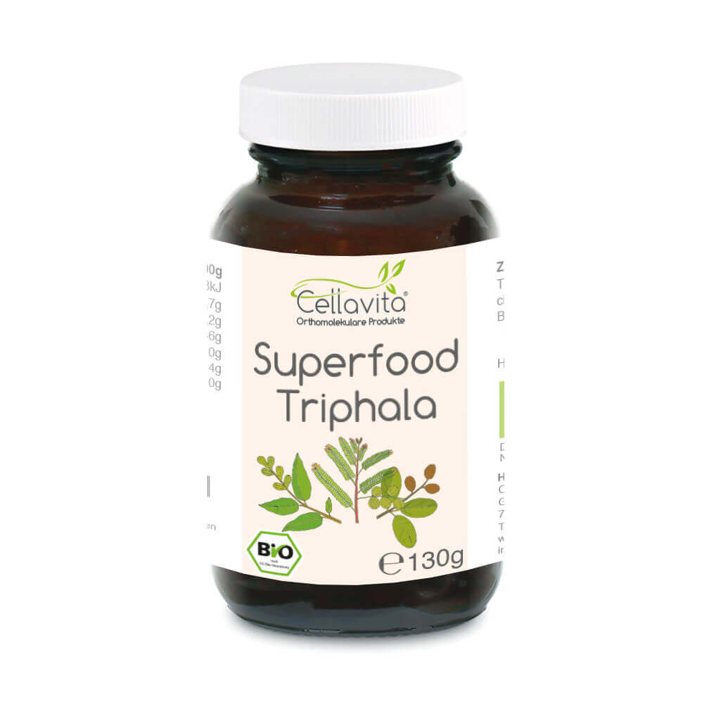 Superfood Triphala bio Pulver im Glas