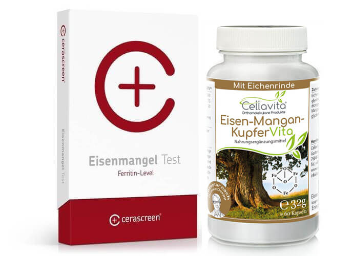 Eisenmangel Test (Ferritin-Level) Set plus 60 Kapseln Eisen-Mangan-Kupfer