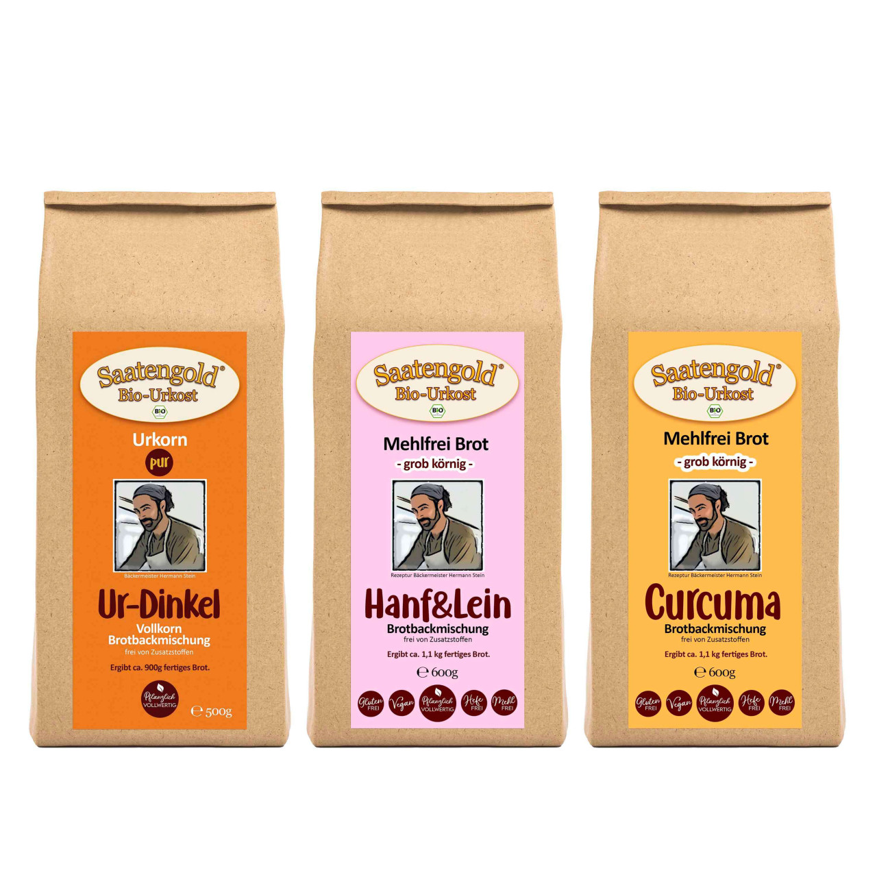 Mehlfreibrot Hanf & Lein / Curcuma / Ur-Dinkel Vollkorn Bio Brotbackmischung 3er Set Mehlfreibrot Hanf & Lein / Curcuma / Ur-Dinkel Vollkorn Bio Brotbackmischung 3er Set